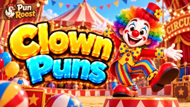 Clown Puns thumbnail with bold 3D lettering, a colorful clown mascot, circus tent, balloons, and Pun Roost branding