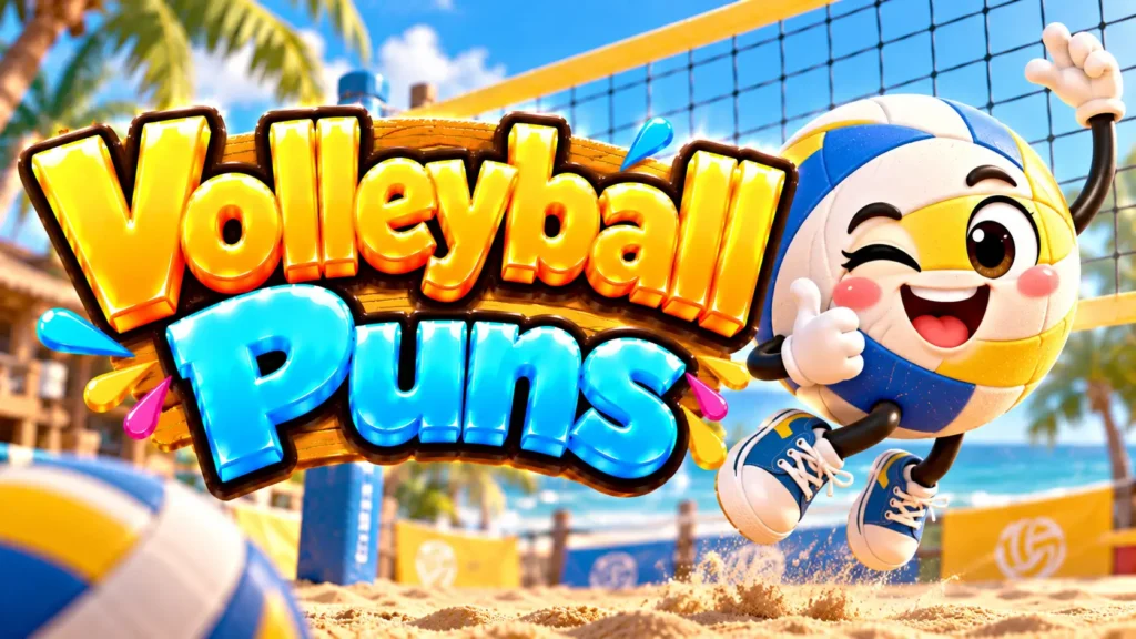 Volleyball Puns thumbnail with bold 3D lettering, a cheerful volleyball mascot, a net, and a sunny beach court