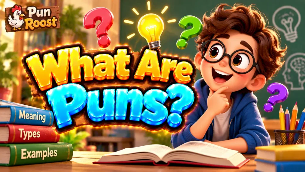 What Are Puns thumbnail with bold 3D lettering, a curious student, colorful question marks, books, and Pun Roost branding