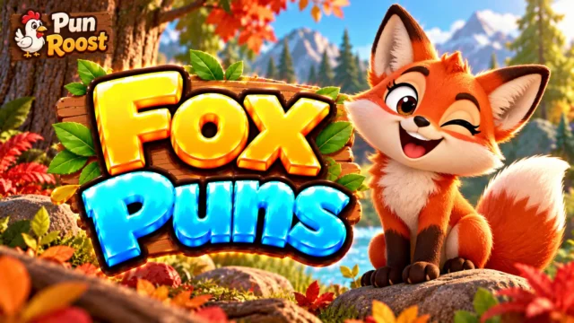 Fox Puns thumbnail with bold 3D lettering, a cheerful red fox mascot, autumn leaves, and Pun Roost branding