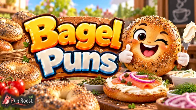 Bagel Puns thumbnail with bold 3D lettering, a cheerful bagel mascot, cream cheese, and colorful brunch foods