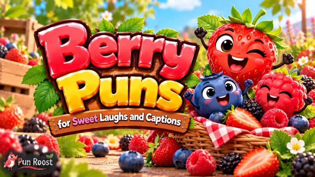 Berry Puns thumbnail with bold 3D lettering, cheerful berry mascots, fresh fruit, and a colorful garden setting
