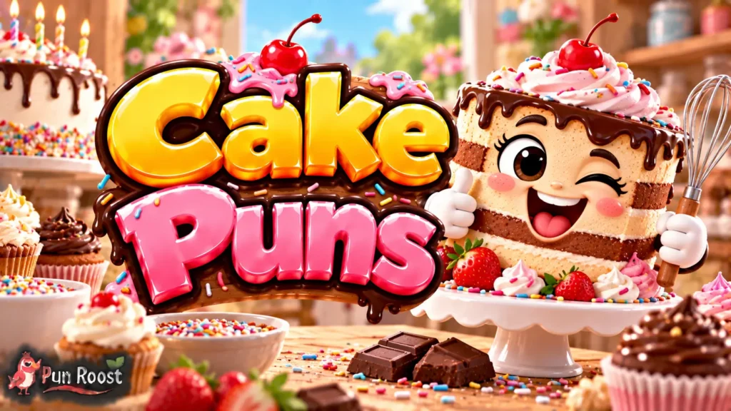 Cake Puns thumbnail with bold 3D lettering, a cheerful cake mascot, frosting, sprinkles, and bakery treats