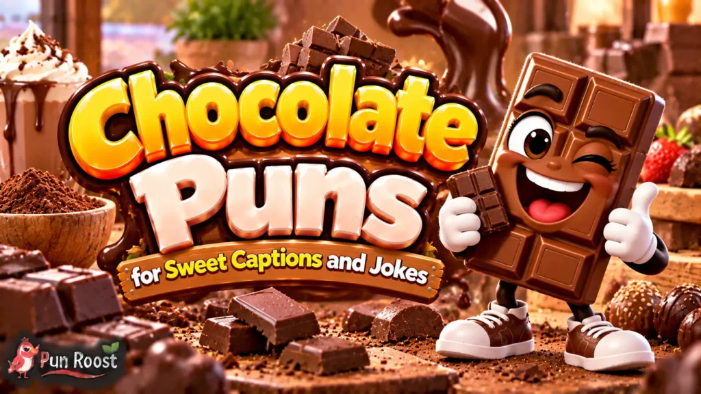 Chocolate Puns thumbnail with bold 3D lettering, a cheerful chocolate mascot, cocoa, truffles, and desserts