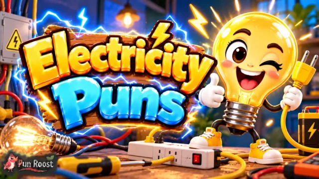 Electricity Puns thumbnail with bold 3D lettering, a smiling lightbulb mascot, sparks, circuits, and power tools