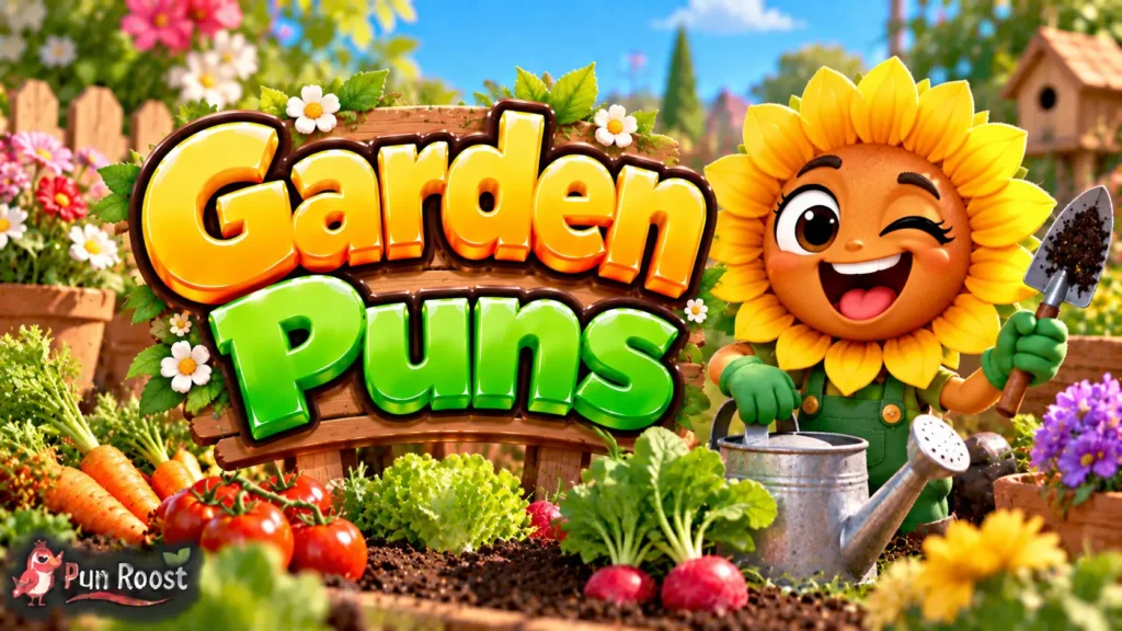 Garden Puns thumbnail with bold 3D lettering, a cheerful sunflower mascot, flowers, vegetables, and garden tools