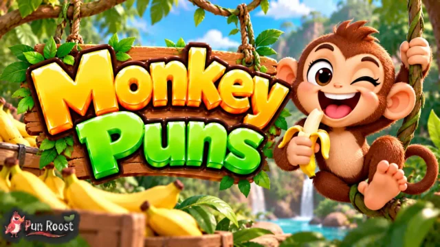 Monkey Puns thumbnail with bold 3D lettering, a cheerful monkey mascot, bananas, and a colorful jungle scene