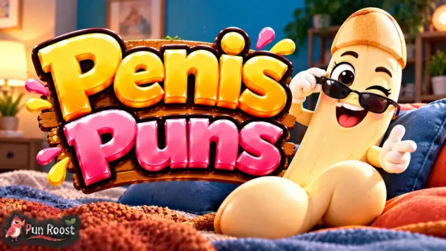 Penis Puns thumbnail with bold 3D lettering, a playful banana-style mascot, and colorful cheeky humor