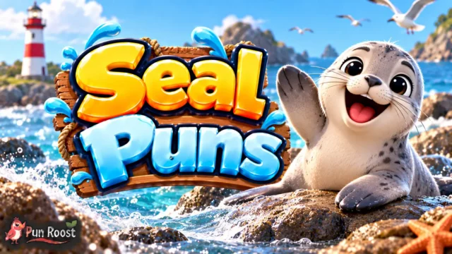 Seal Puns thumbnail with bold 3D lettering, a cheerful seal mascot, ocean waves, and a bright coastal scene