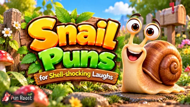 Snail Puns thumbnail with bold 3D lettering, a cheerful snail mascot, and a colorful garden scene