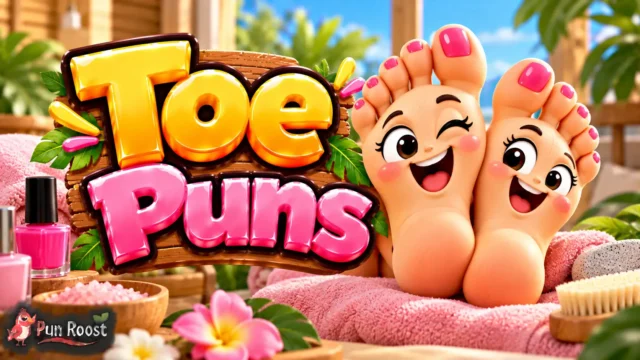 Toe Puns thumbnail with bold 3D lettering, cheerful foot mascots, pink toenails, and a colorful spa setting